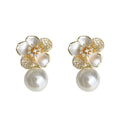 Gold Camellia Pearl Drop Pavé Flower Stud Earrings view 5