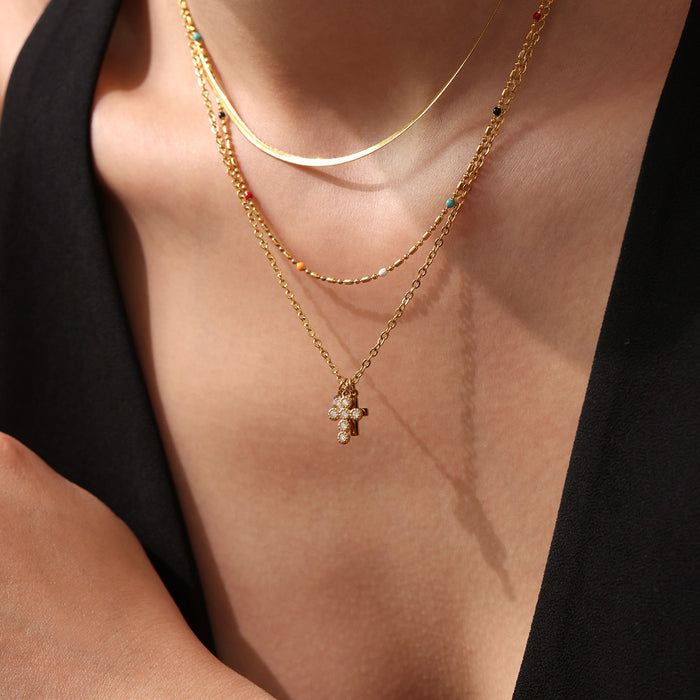 Dual Cross Pendant Necklace Zircon Accents Gold Or Steel