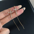 Gold Tone Clear Stone Cross Long Chain Threader Earrings view 3