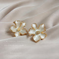 Gold White Enamel Flower Stud Earrings Beaded Centers view 4