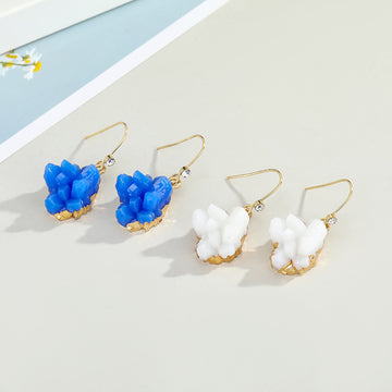 Gold Tone Hook Earrings with Irregular Blue and White Crystal Clusters