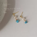 Gold Tone White Pearl And Turquoise Color Stone Stud Earrings view 4
