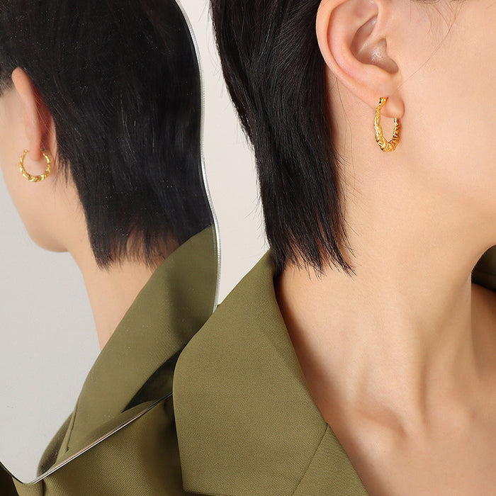 Twisted Rope Oval Hoop Earrings Gold Steel Metal Finish