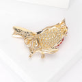 Red Rhinestone Cardinal Bird Brooch Green Enamel Leaves view 3