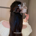 Layered Fabric Flower Double Hairpin With Pearl Like Drop In Five Colors view 1