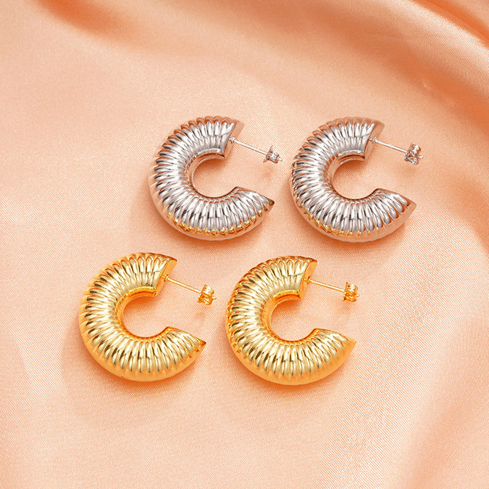 Ribbed C Shape Open Hoop Stud Earrings Gold White Metal