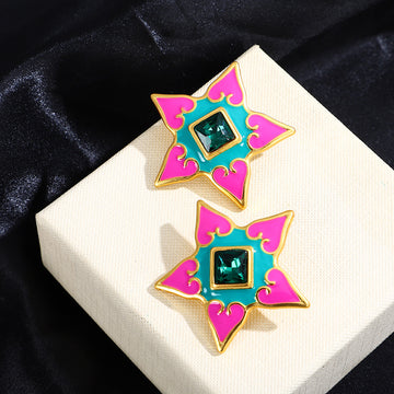 Pink Enamel Look Star Green Center Statement Stud Earrings
