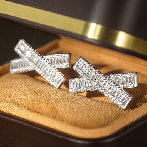 Silver X Shape Clear Stone Stud Earrings Metal Jewelry Design shown from an alternate angle