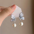 Blue Crystal Butterfly and Pearl Stud Earrings Fashion Jewelry view 1
