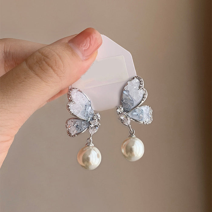 Blue Crystal Butterfly and Pearl Stud Earrings Fashion Jewelry