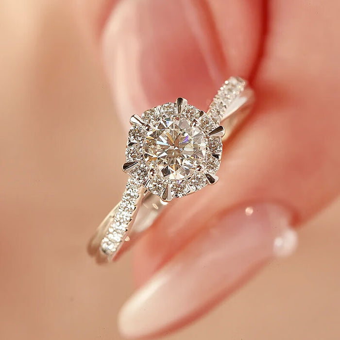 Round Clear Solitaire Pave Shoulder Slim Ring In Silver Tone