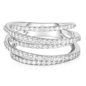 Crossover Cubic Zirconia Ring in Silver Tone Brass, Sizes 6 to 10