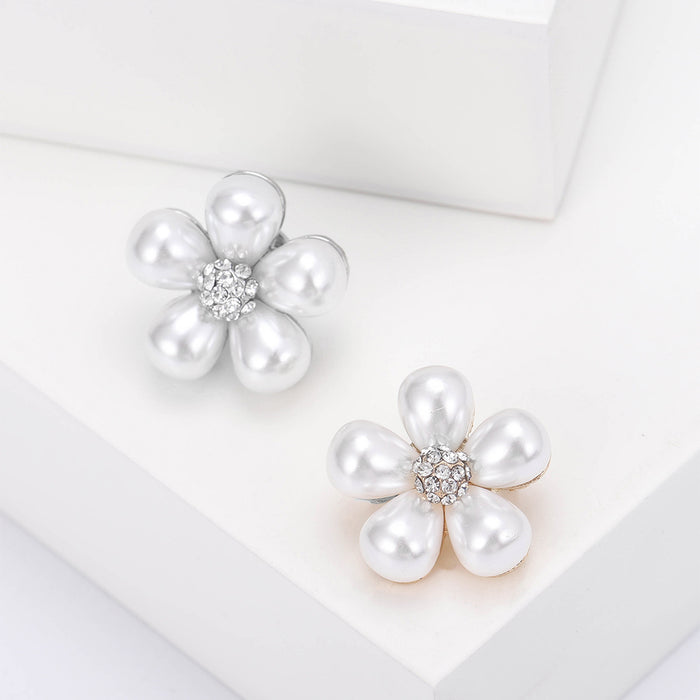 Five Petal Pearl Flower Brooch With Crystal Center