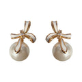 Gold White Enamel Bow Pearl Drop Stud Earrings Clear Stone view 5