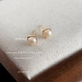 Mini Square Gold Tone Frame Cream Pearl Stud Earrings view 4