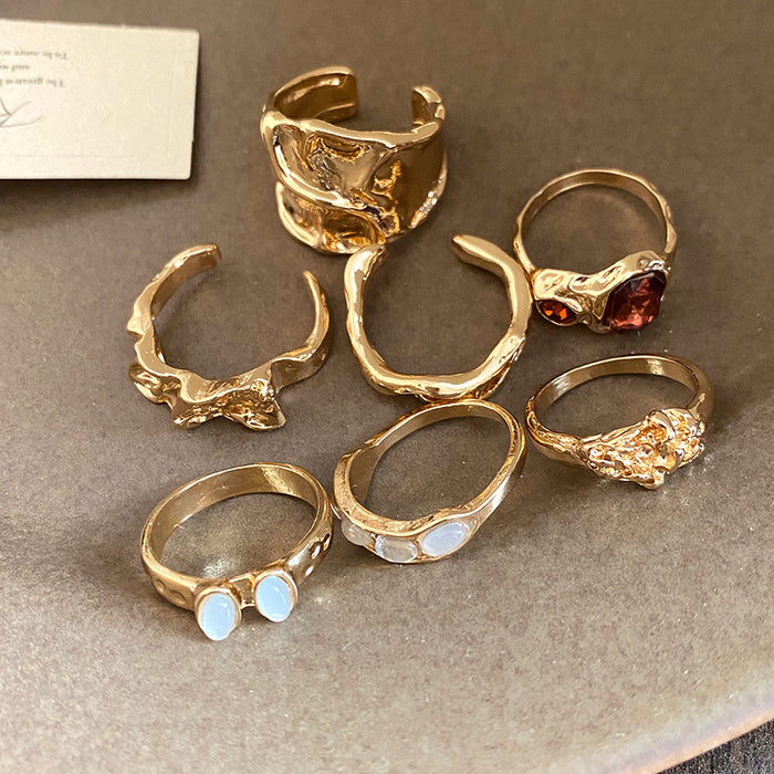 Mixed Texture Sculptural Open Ring Seven-Piece Gold Silver Sets