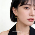 Mocha Enamel Square Champagne Pearl Drop Earrings Gold view 2
