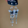 Blue Crystal Butterfly Long Tassel Stud Earrings Statement Pair view 6