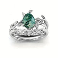 Silver Tone Green Teardrop Leaf Vine Ring Set Sizes 6-10 view 1