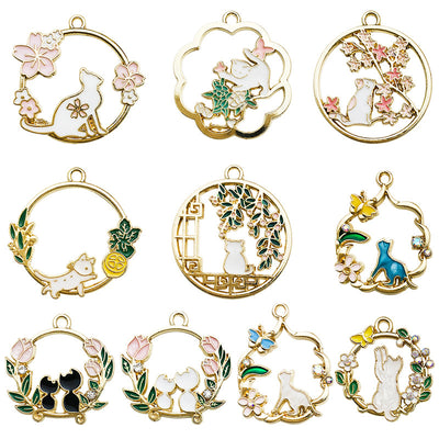 Colorful assorted shape charms arranged on a light background