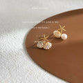 Gold Tone Starfish Shell Pearl And Clear Stone Stud Earrings view 4