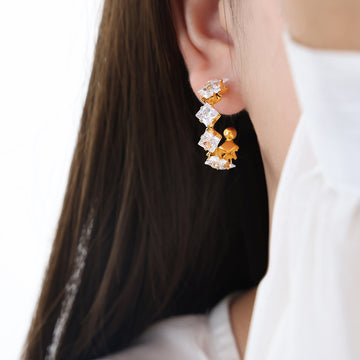Gold Steel C-Hoop Earrings Square Clear Stone Accents