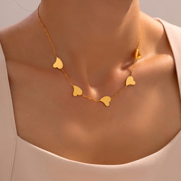 Multi Heart Station Necklace Gold Tone Titanium Steel Chain