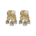 Gold Tone Pearl And Clear Crystal Cluster Stud Earrings view 5