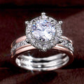 Round Clear Stone Halo Two-Ring Set In Three Metal Finishes view 3