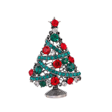 Aqua Silver Tone Christmas Tree Crystal Metal Brooch Pin