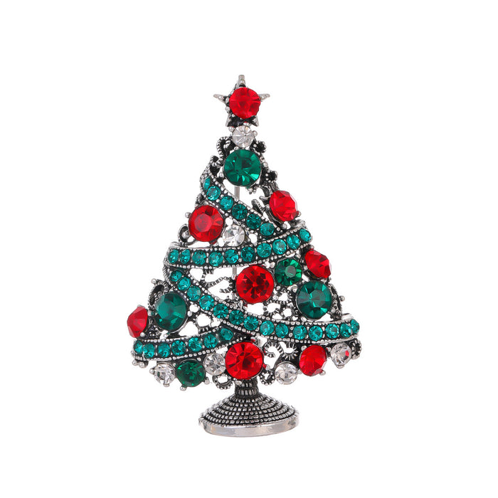 Aqua Silver Tone Christmas Tree Crystal Metal Brooch Pin