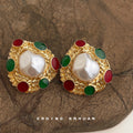 Gold Textured Frame Pearl Center Earrings Red Green Cabochons view 1