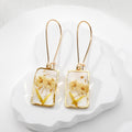 Gold Tone Rectangular Pressed Flower Resin Long Drop Earrings view 6