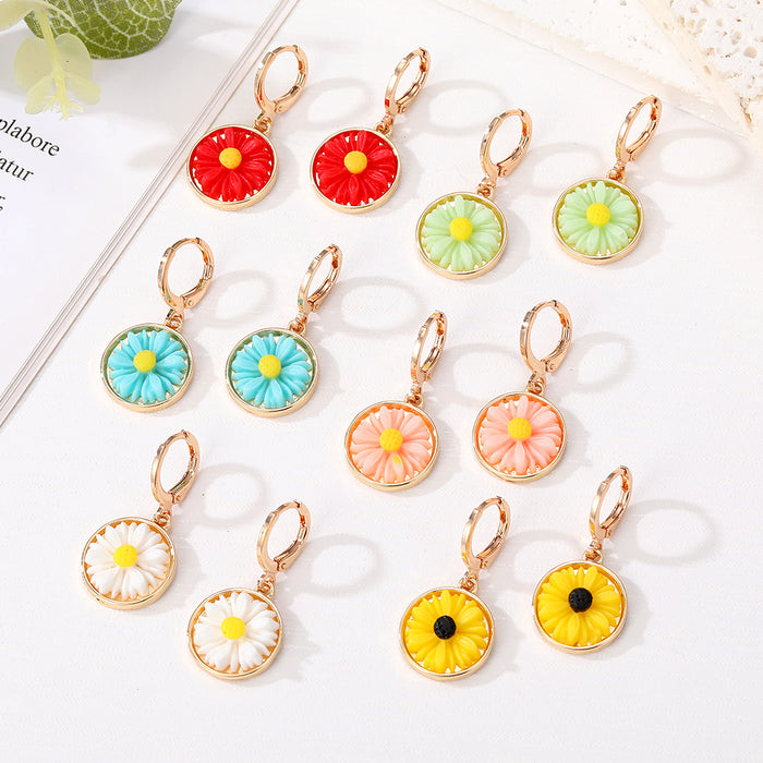 Gold Tone Round Daisy Resin Huggie Drop Earrings in Six Colors