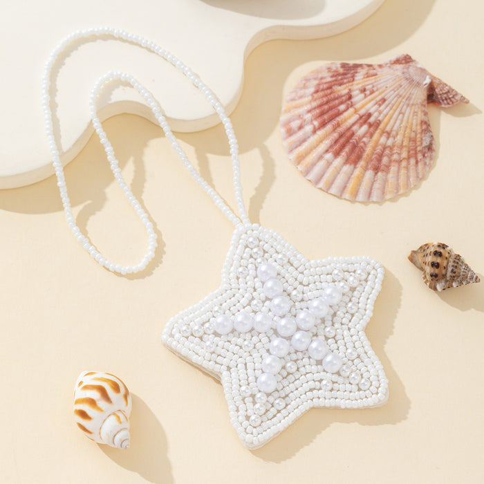 White Faux Pearl Star Charm Pendant Beaded Rope Necklace