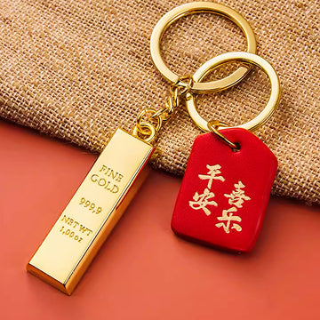 Gold Bar Keychains with Chinese Plaques and Loose Braided Loop Options