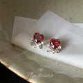 Gold Red Heart Zircon Stud Earrings Clear Accent Cluster view 3