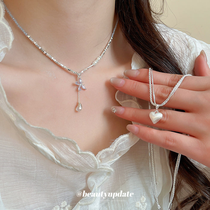 Silver Layered Heart and Butterfly Pendant Necklaces