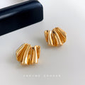 Gold Tone Curved Pleated Fan Sculptural Stud Earrings For Women view 1