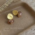 Gold Hammered Disc Stud Earrings Brown Oval Stone Drops view 3
