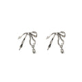 Silver Liquid Metal Bow Stud Earrings Clear Drop Charm view 5