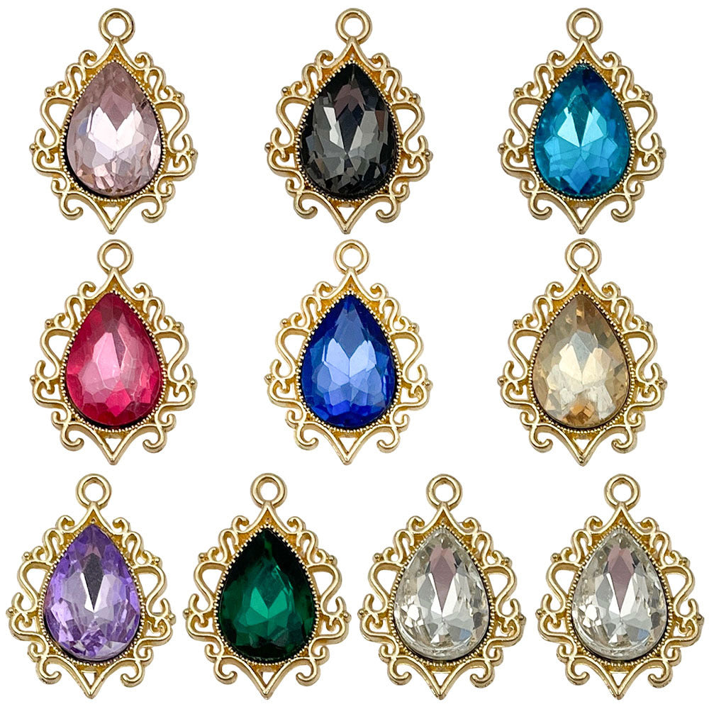 Glass Rhinestone Teardrop Charm Pendant with Lace Edge for DIY Earrings Necklace
