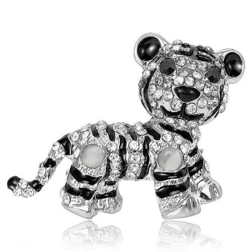 Silver clear rhinestone tiger cub brooch side profile