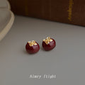Wine Red Enamel Persimmon Gold-Tone Cap Stud Earrings view 4