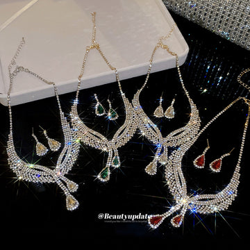 Rhinestone Wing Teardrop Tassel Necklace Earring Four Sets