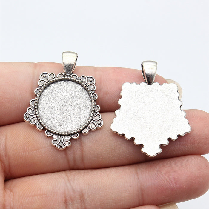Ornate Floral Edge Round Cabochon Tray Metal Pendants