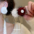 Fluffy Pom Pom Pearl Cluster and Gold Chain Drop Earrings view 1