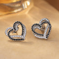 Silver Open Heart Stud Earrings Black White CZ Metal view 3