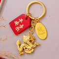 Gold Tone Chinese Dragon Keychains with Red Fortune Message Plaques view 3
