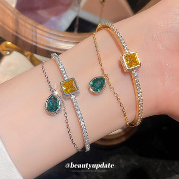 Square Yellow Crystal Green Teardrop Cuff Bracelets